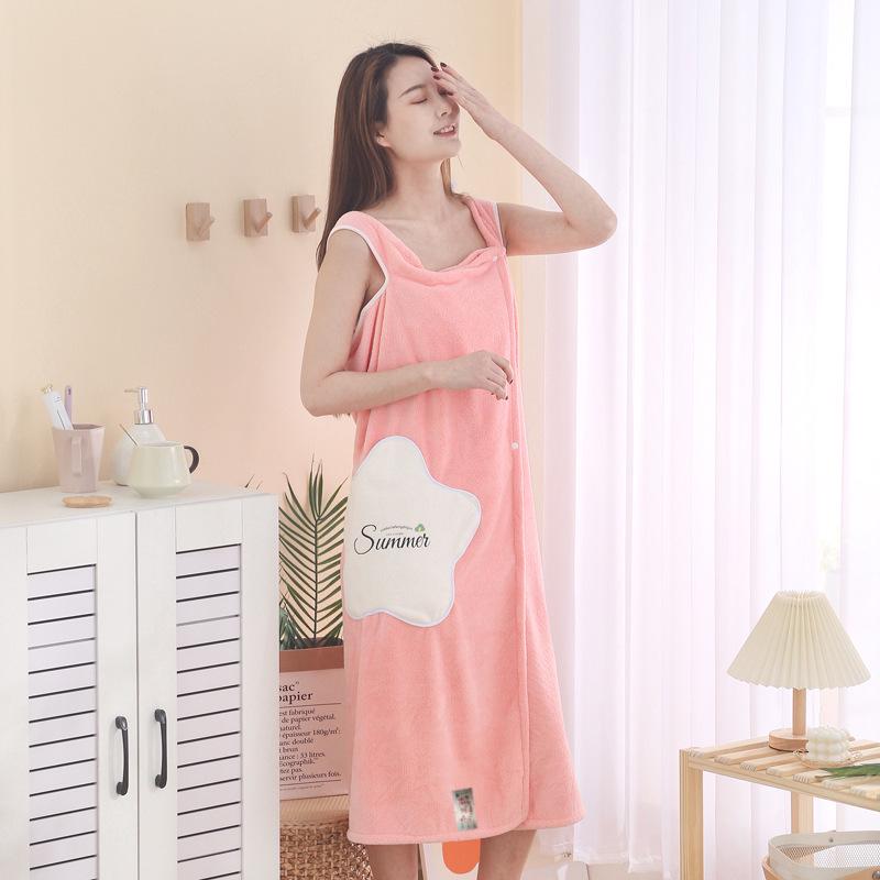 Women’s Quick-Dry Coral Fleece Bath Skirt with Pocket – Wearable, Absorbent, Strappy Bathrobe