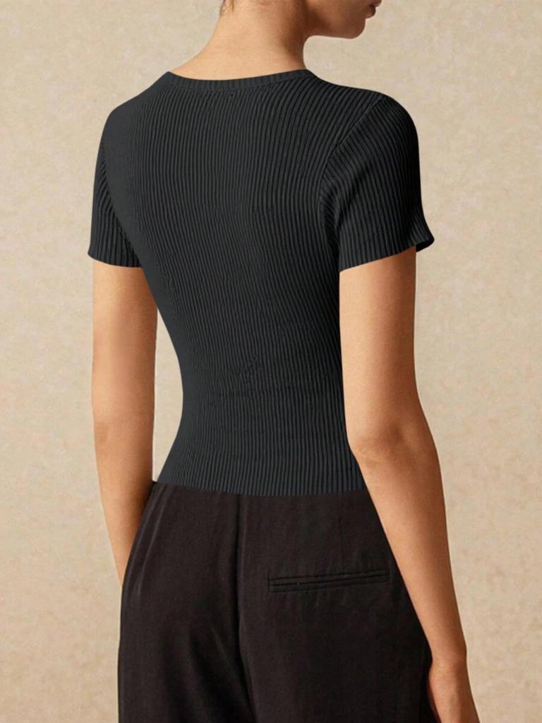 Women's Ribbed Knit Cropped Cardigan Short Sleeve Button Down Slim Fit Sweater Top