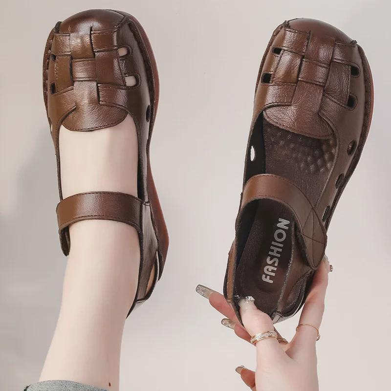 Women's Genuine Leather Thick-Soled Roman Sandals - High-Heel, Breathable, Comfortable for Mothers