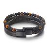 Мужской многослойный кожаный браслет из бусин тигрового глаза