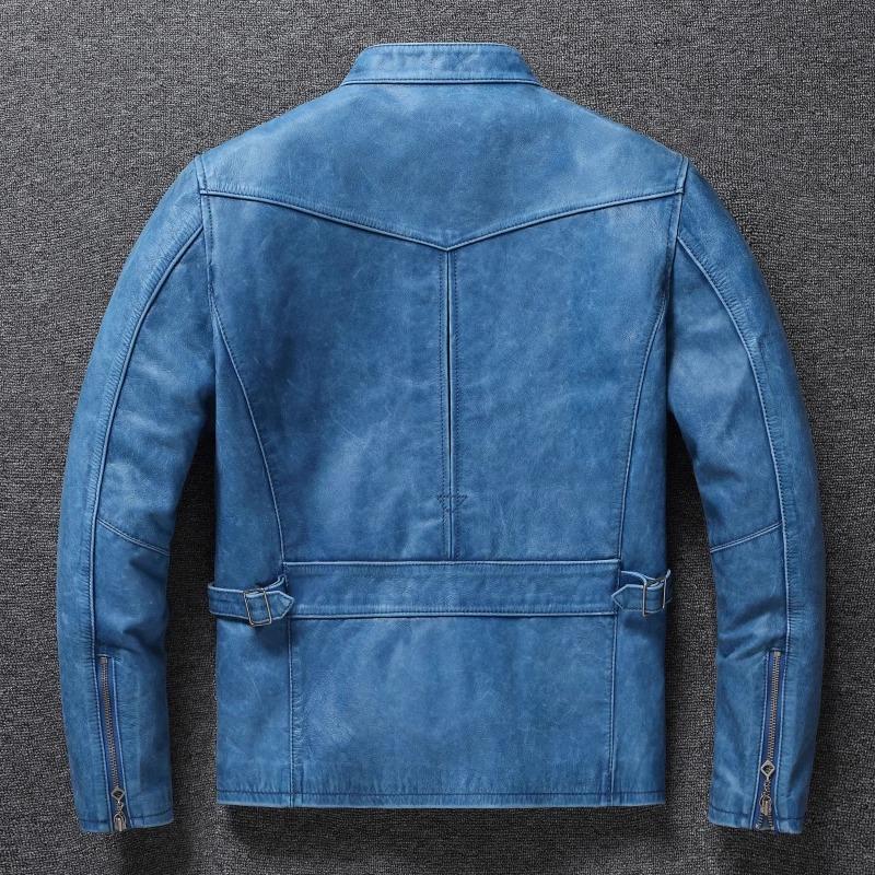 Китайский размер винтажная синяя натуральная воловья кожаная мужская куртка тонкая короткая кожаная куртка для мальчика мужская одежда весна осень