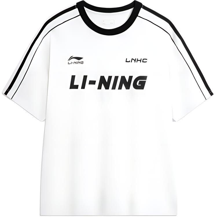 Li Ning Футболка с принтом полоски с надписью Свободная Повседневная Круглый вырез Короткий рукав Унисекс Топы Белый AHSU657-1(КОМАНДА702-3.4.20)