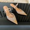 Womens Sequined Sandals 2024 Summer Fashion Mesh Rhinestone Slingback Elegant Lady Pointed Toe Party Pumps