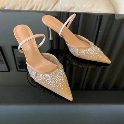 Женские босоножки с пайетками 2024 года, летняя мода, сетчатые босоножки со стразами, элегантные женские туфли-лодочки с острым носком для вечеринок