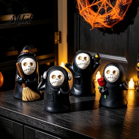 Cute Dark Aesthetic Room Accessories Halloween Ghost Figurine, Spooky Black Robe Statue, Party Table Centerpieces Skull Resin Ornament for Home