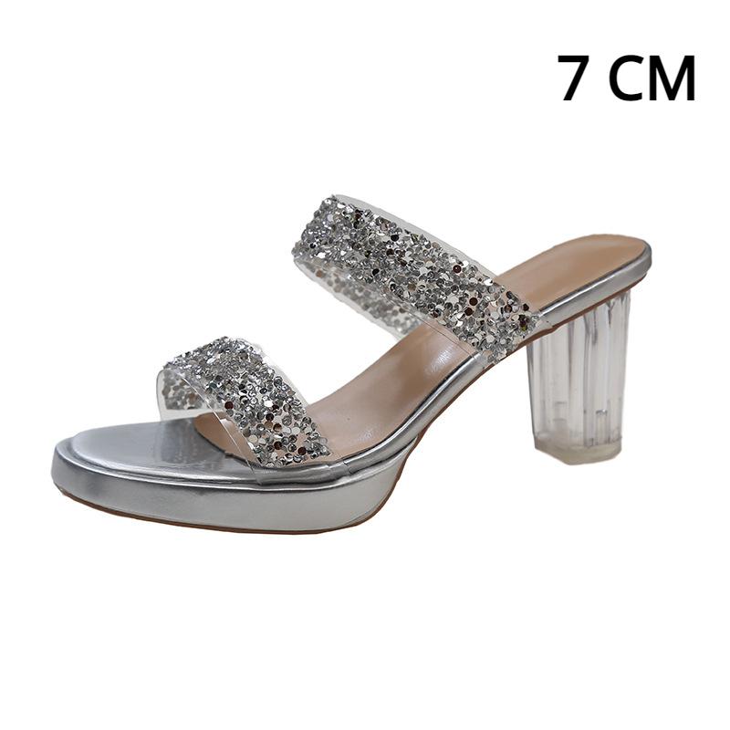 Женские босоножки на высоком блочном каблуке. Шлепанцы на платформе. Женские шлепанцы на массивном каблуке. Летние модельные туфли с квадратным открытым носком. Горный хрусталь. Шлепанцы с двумя ремешками.