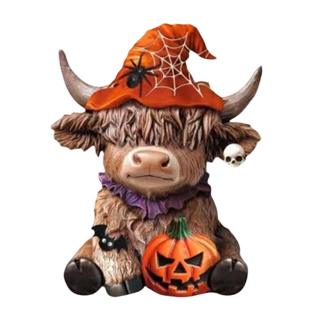 Halloween Highland Cow Holding Skull Pumpkin Resin Statue Festives Home Table Decors Ornament Resin Miniature Sculpture