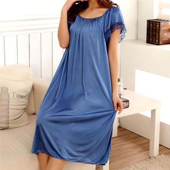 Women Soft Comfortable Satin Lace Sleepwear Nightgown Solid Color Silk Nightdress