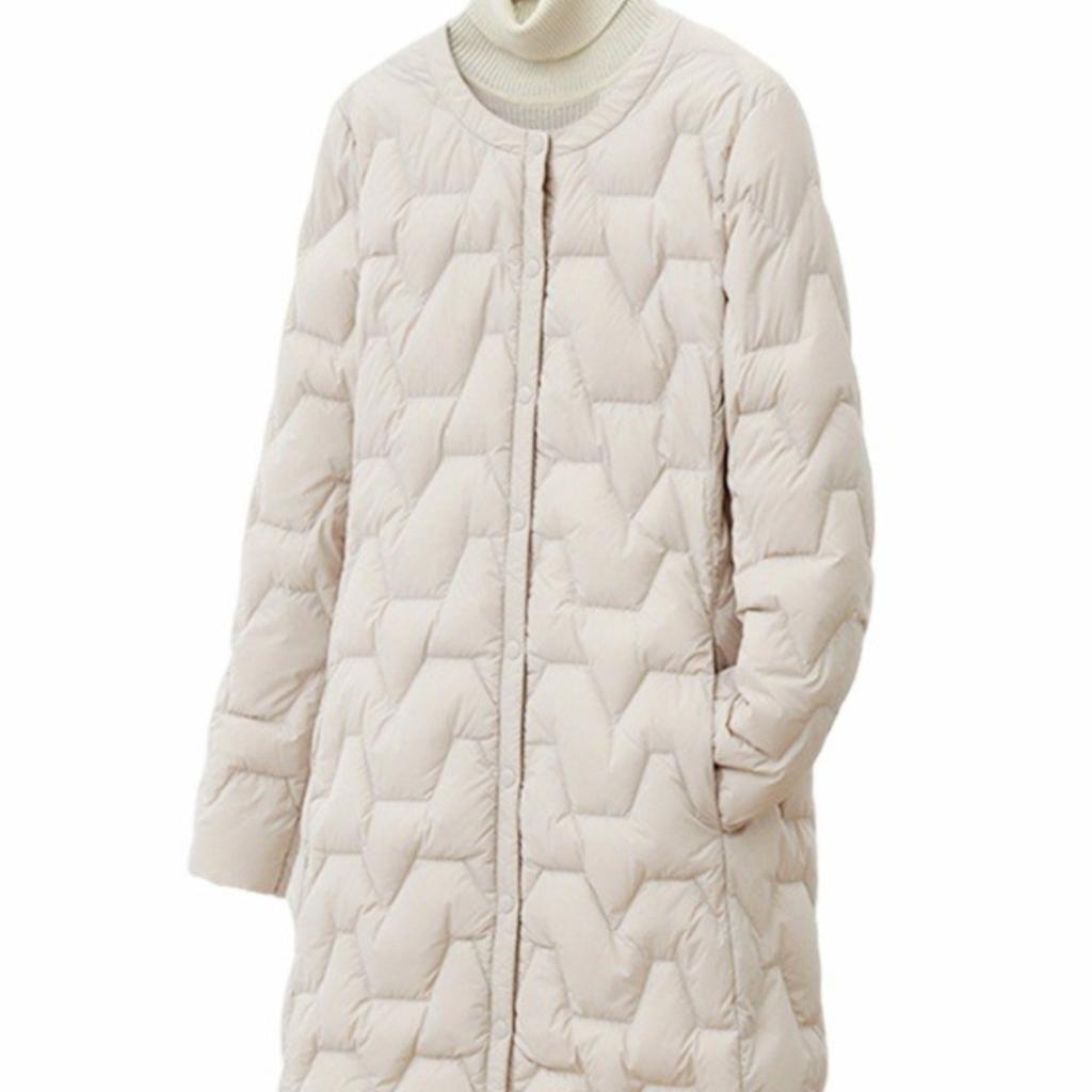 2024 осень и зима новый легкий пуховик женский средний и длинный без воротника куртка с легкой круглой горловиной тонкий прилив