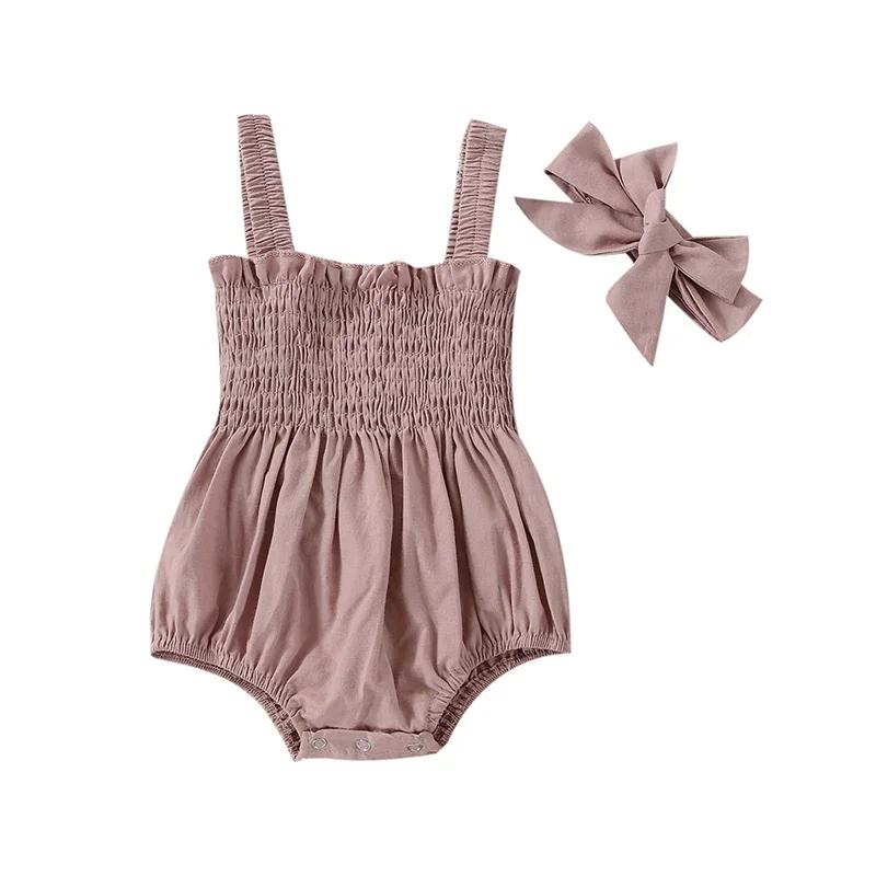 Infant Baby Girl Romper Clothes Ruched Casual Sleeveless Newborn Bodysuit with Headband Summer Jumpsuit Cute Toddler Outfit Suit