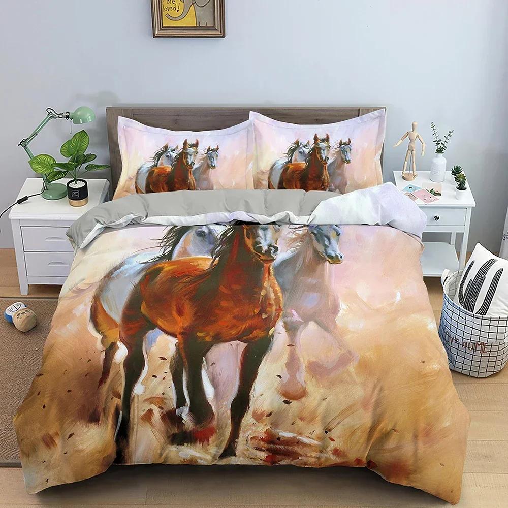 3D Animal Horse Pattern Comfortable Duvet Quilt Cover Pillowcase Bedding Set Children Bedroom Decoration Home Textile