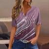 Women's Fashion Casual T-Shirt V-Neck Short Sleeve Gradient Printed Button Top