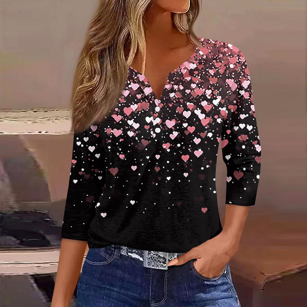 Жен. Футболка Футболка С принтом Пуговицы Рукав 3/4Ежедневно Выходные Мода Классический Топ с v-образным вырезом Обычный