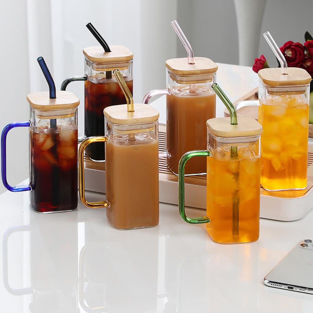 Six Color Square Glass Cup High Borosilicate Transparent Milk Cup Colored Handle Juice Beverage Cup Square Household Straw Water Cup