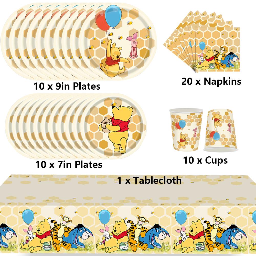 51pcs Winnie The Pooh Party Tableware Include Plate, Napkin, Tablecloth, Cup