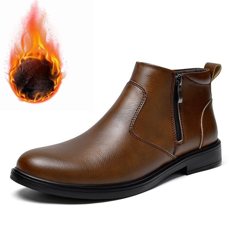 Модные мужские высокие кожаные ботинки Классические повседневные ботильоны Боковая молния Кожаные короткие ботинки Плюшевые теплые зимние ботинки Мужские деловые боты