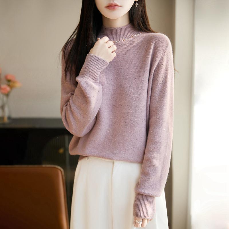 Women's Sequined Turtleneck Sweater - Autumn/Winter Fashion, Age-Defying, Loose Fit, Versatile Knitwear