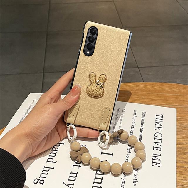 Стильный милый кожаный чехол для телефона с кроликом для Samsung Galaxy Z Fold 3 Z Fold 4 Z Fold 2 5g, черный чехол для браслета с бусинами, принципиально
