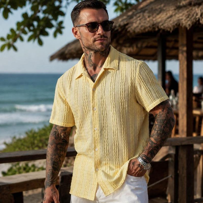 Men S Short Sleeve Striped Tropical Style Loose Turn Down Collar Casual Shirt