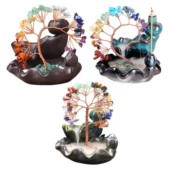 Waterfall Incense Burner Faux Crystal Stone Lucky Tree Resin Ornament Handicraft Incense Cone Holder for Room Home Zen Decoration Meditation
