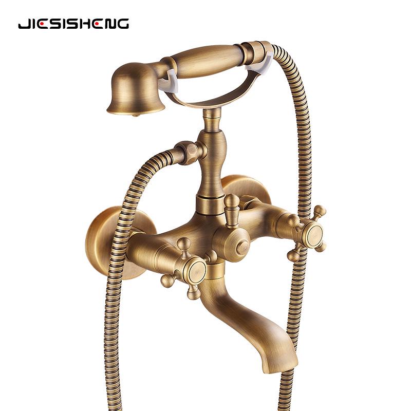 Wall-Mounted Antique Brass Bathtub Faucet with Handheld Shower Set