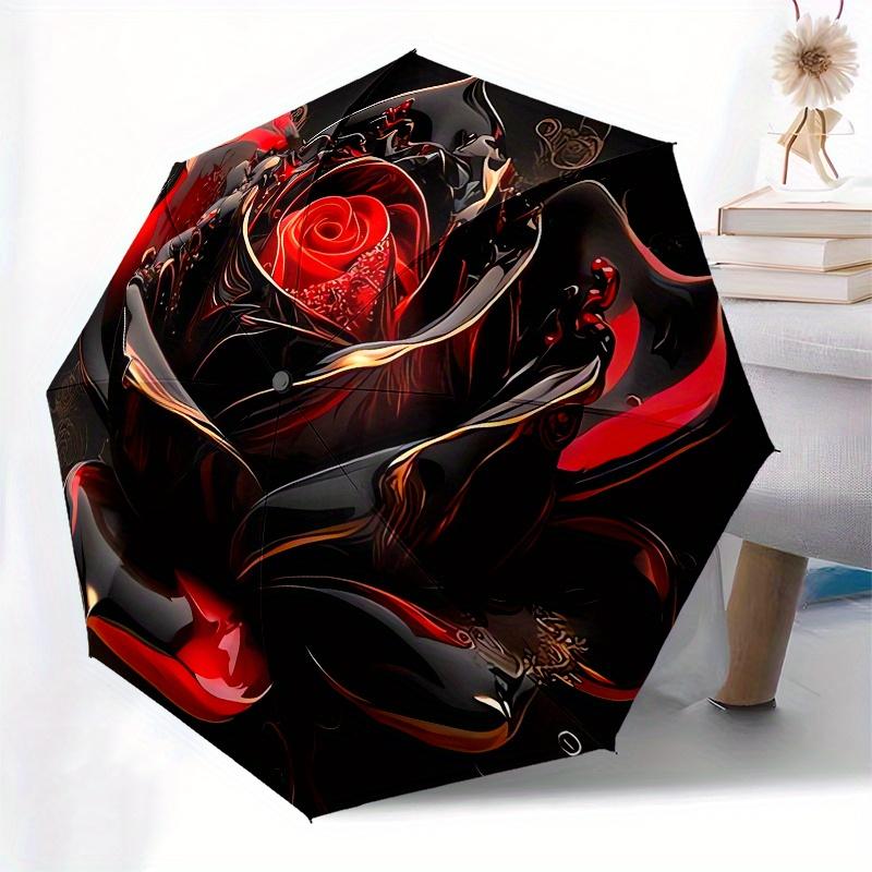 Black Rose Automatic Folding Umbrella 8 Ribs, Durable Iron Frame, Bright Color Pattern Compact Travel Umbrella, Suitable for Outdoor, Beach