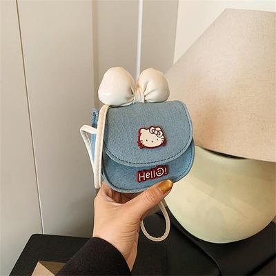 Милые сумки Sanrio Hello Kitty с бантом из денима Женская мини-сумка-седло Девичья сумка через плечо Портативная сумка-тоут Подарки с Китти