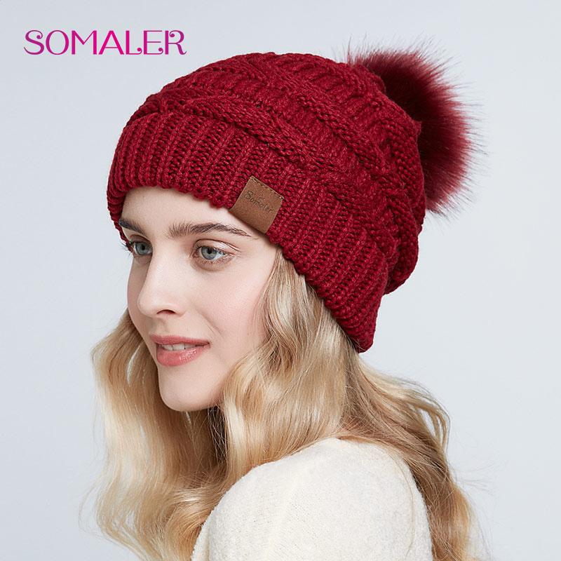 SOMALER Зимние шапки с напуском для женщин, вязаная шапка для женщин, мешковатая шапка с помпоном из искусственного лисьего меха