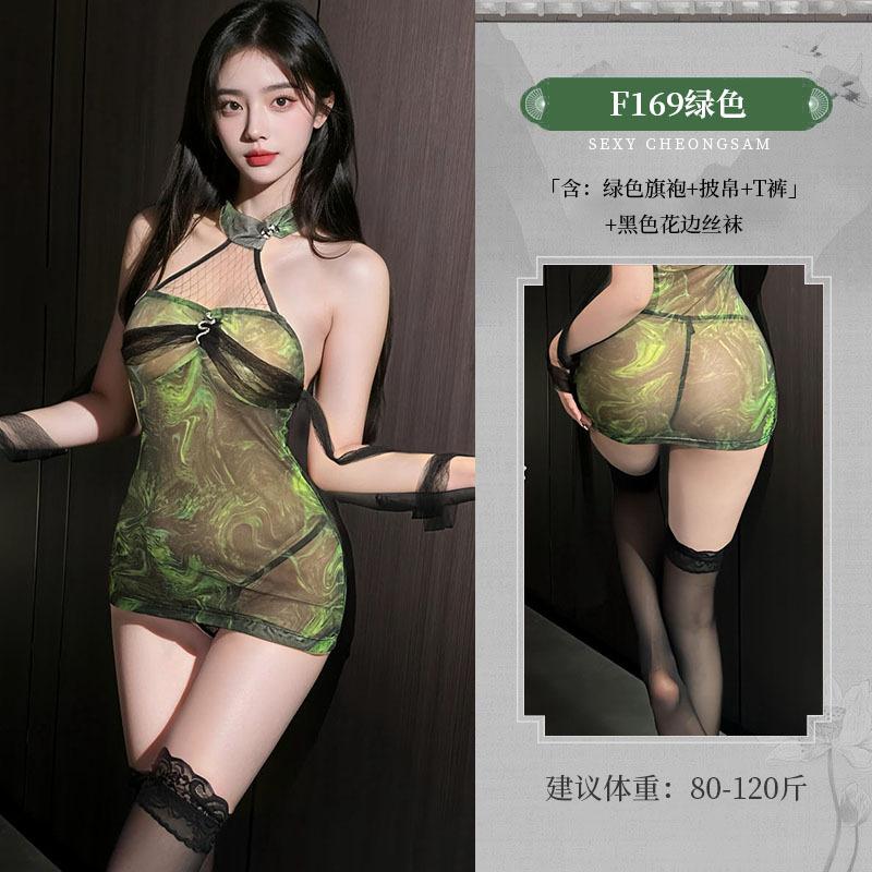 Snake uniform seductive snake sex underwear green bamboo perspective cheongsam neck dress hip skirt