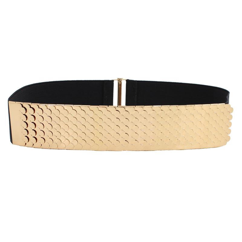 Women's Fashion Metal Elastic Belt with Fish Scale Pattern - Versatile Wide Elastic Waistband for Dresses