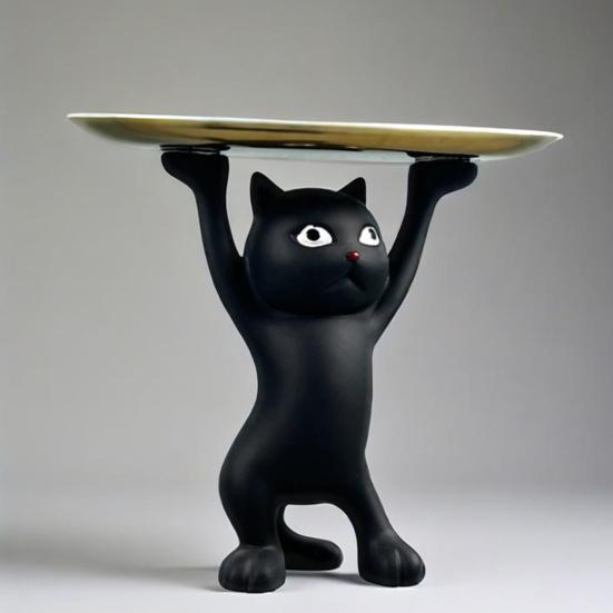 Cartoon Cat Key Storage Tray Resin Standing Cat Figurine Statue with Tray Multi-purpose Jewelry Trinket Holder Organizer Decoration