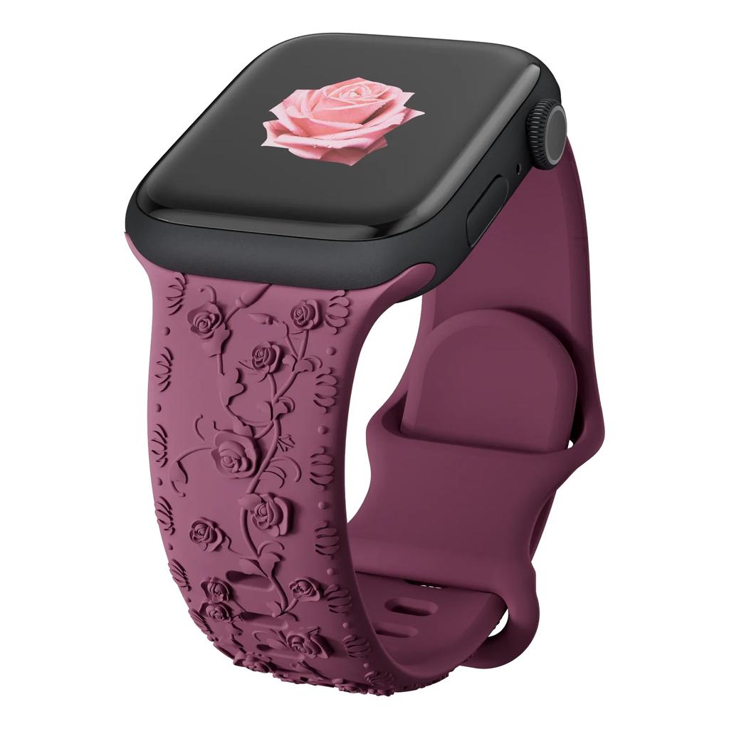 Ремешок с цветочной гравировкой для Apple Watch Band 40 мм, 44 мм, 41 мм, 49 мм, 45 мм, 38 мм, 42 мм, силиконовый браслет iwatch series 9 7 se 6 8 ultra 2