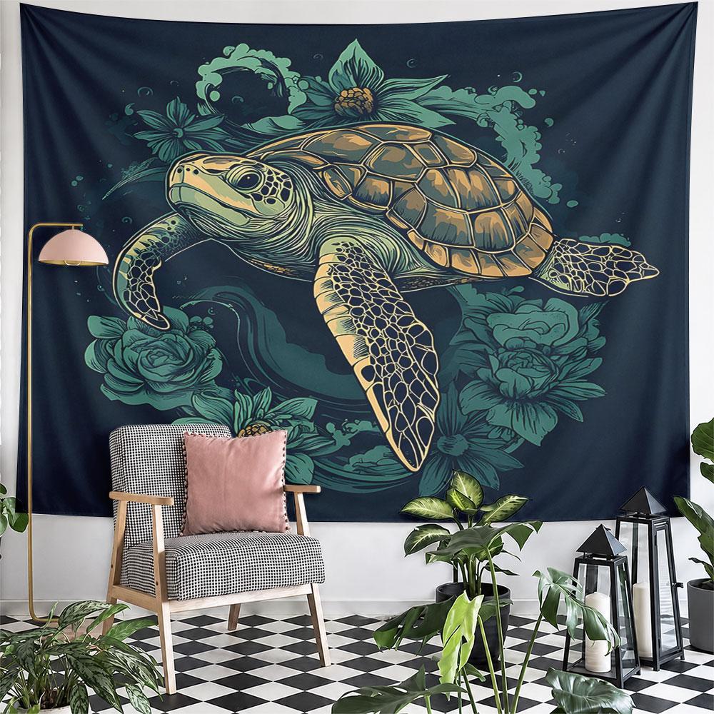 "Turtle and Floral Ocean Design" Pattern Wall Hanging Tapestry Decorative Tapestry Home Decor for Bedroom and Living Room