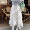 Юбка миди из французского кружева Асимметричная с оборками Белая А-силуэта Элегантные милые юбки QT2602