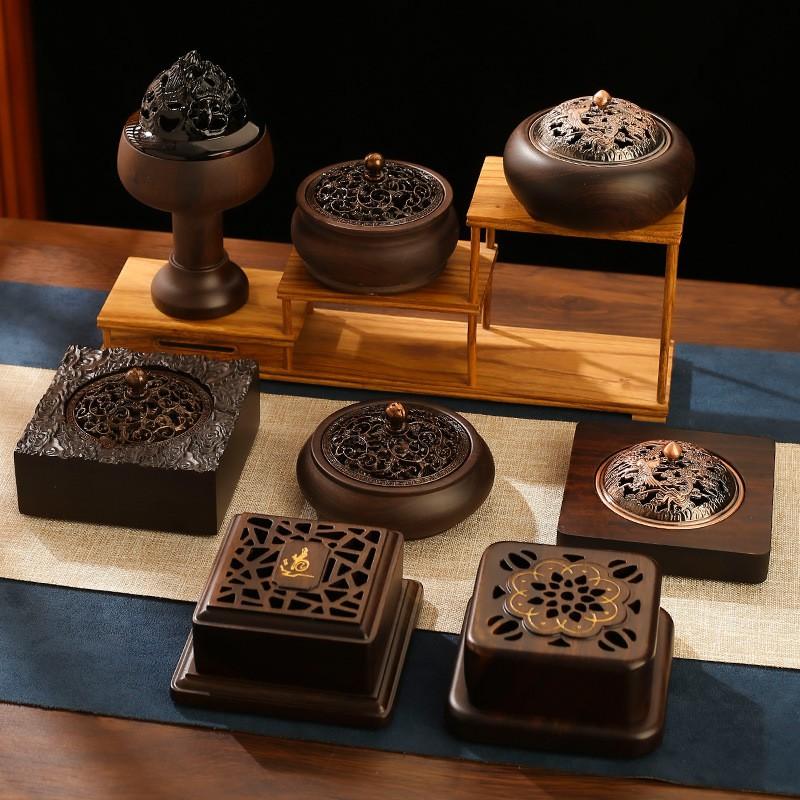 Black Ebony Wood Incense Burner Home Indoor Use Large Round Aromatic Diffuser Tea Ceremony Decor