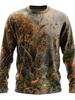 Outdoor essential: long-sleeve T-shirt with deer nature print, hunting style.