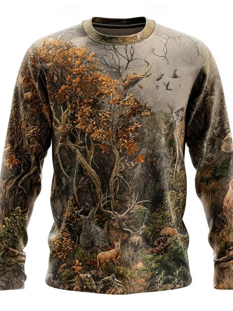 Outdoor essential: long-sleeve T-shirt with deer nature print, hunting style.