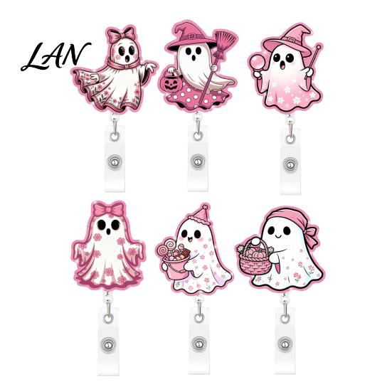 Lightweight Retractable Badge Holder Halloween Ghost Reel, Glitter Acrylic Clip, Cute Pink Smooth Cord Reel ID Name for Women Nurse Teacher