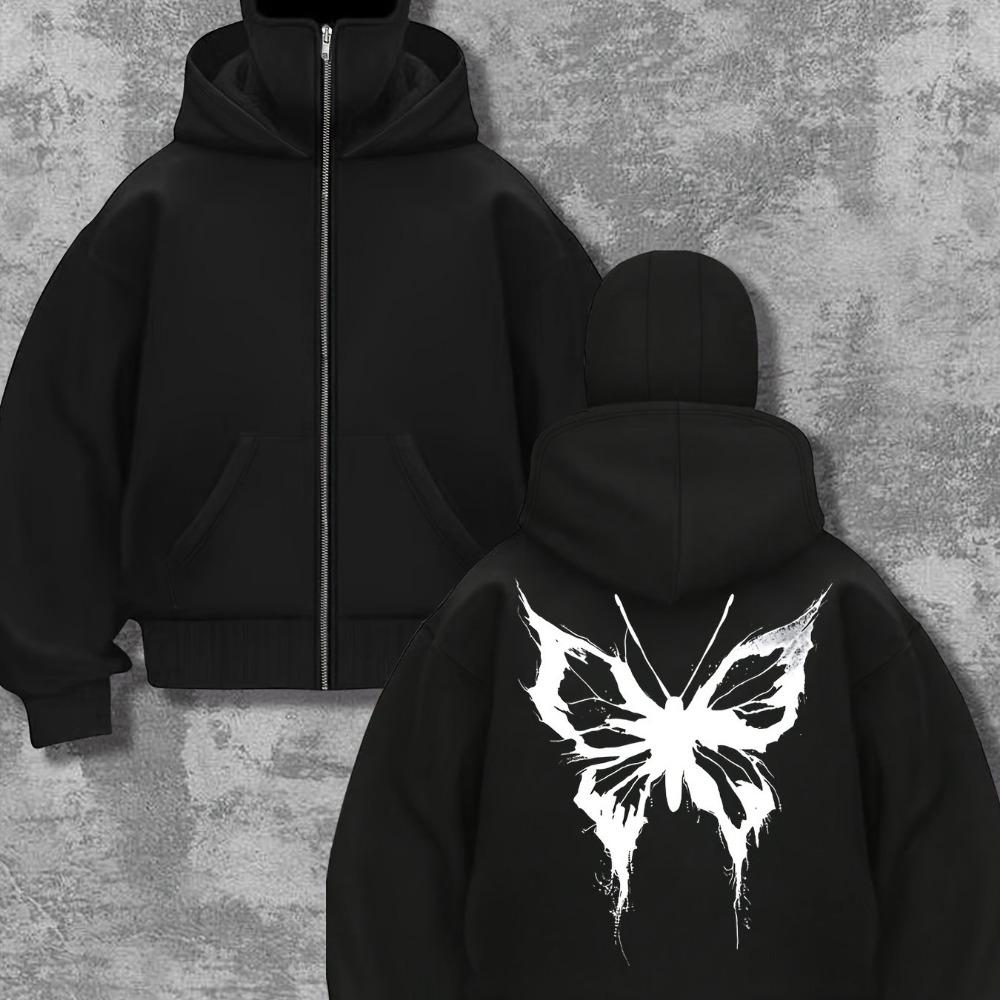 Двойная шапка, двойной воротник Мужская и женская модная толстовка с капюшоном в уличном стиле с принтом в виде молнии