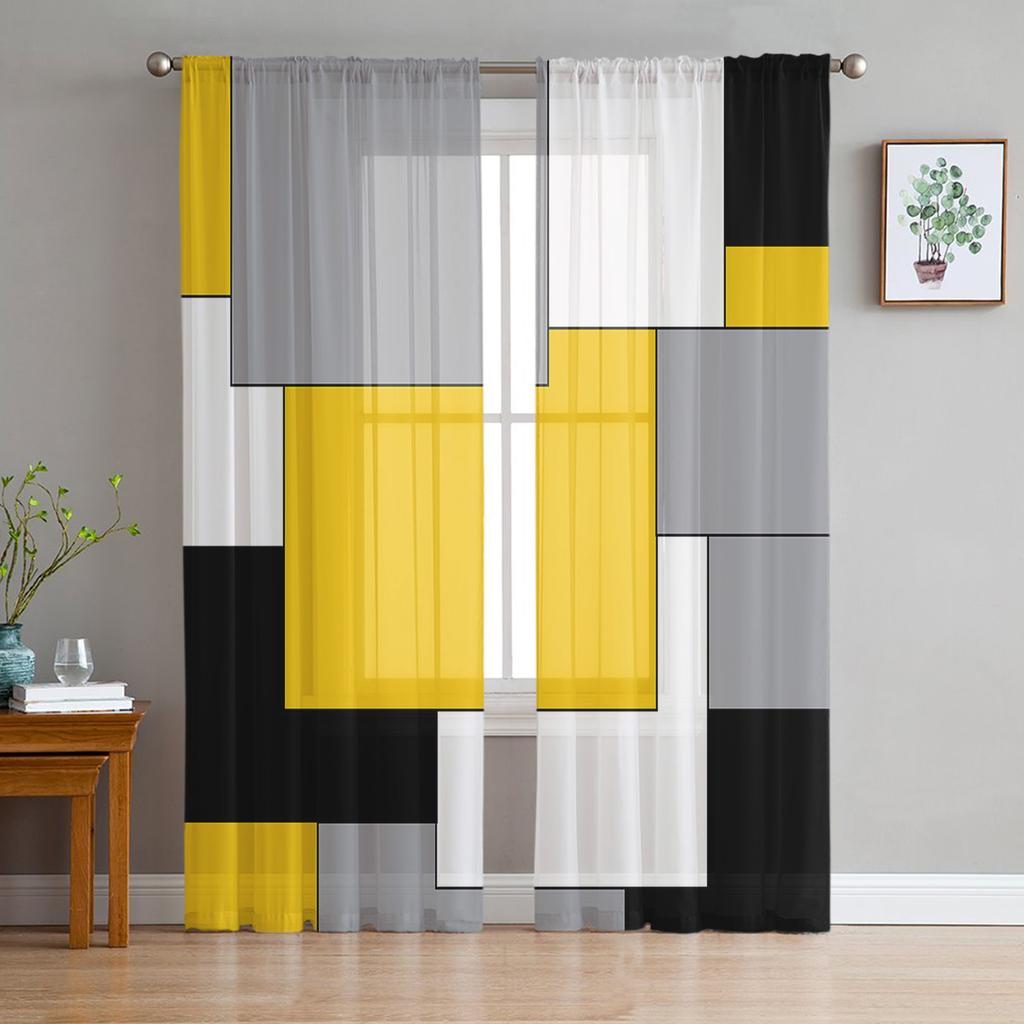 Black Grey Patchwork Abstract Art Sheer Curtains for Living Room Decoration Window Curtains Kitchen Tulle Voile Organza Curtains