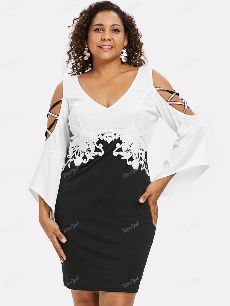 Rosegal Plus Size Crisscross Flower Trim Cold Shoulder Sheath Dress