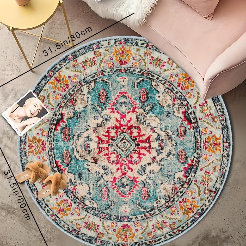 1Pcs  Boho Chic Pattern Round Area Rug Indoor Non-Slip Washable Fiber Carpet Soft Comfortable Mat For Bedroom Living Room