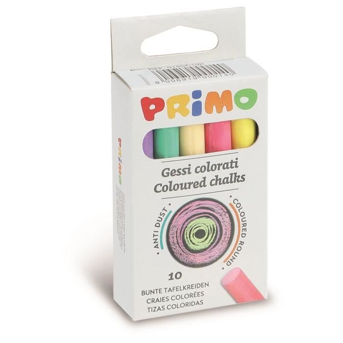 Craies colorées - PRIMO - Boîte de 10 - Non poussiéreuses - Couleurs vives - Pour enfants
