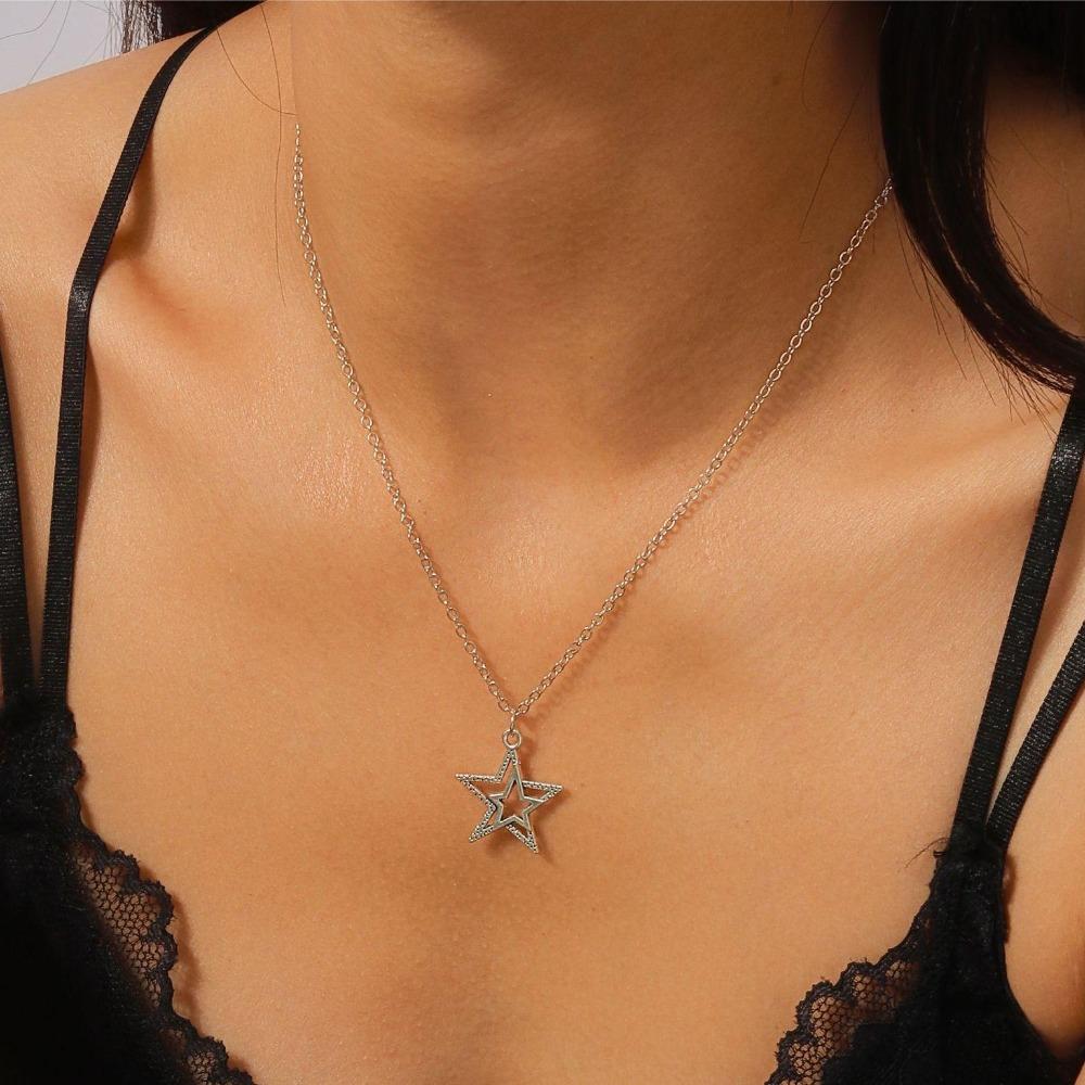 Zinc Zinc Alloy Vintage Pentagram Necklace Hollow Choker Korean Clavicle Chain Star Pendant Necklace Gift