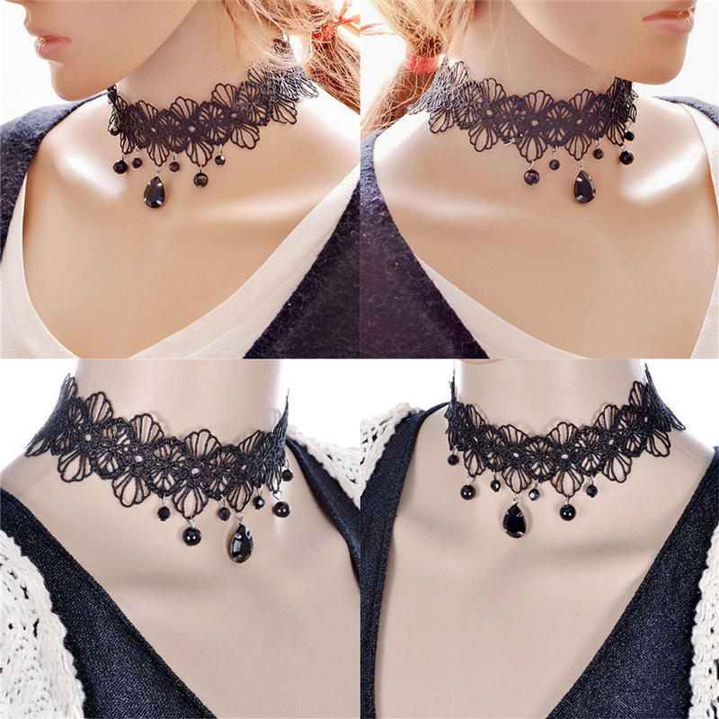 Fashion Gothic Black Lace Retro Choker Collar Flower Pendant Necklace Jewelry