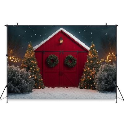 Mocsicka Christmas Tree Background Photography Red Door Snow Wreath Gifts Kid Photo Backdrop Shooting Props Outdoor Decor Studio