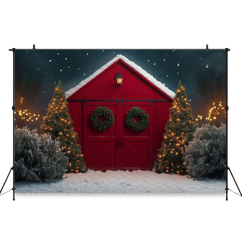 Mocsicka Christmas Tree Background Photography Red Door Snow Wreath Gifts Kid Photo Backdrop Shooting Props Outdoor Decor Studio