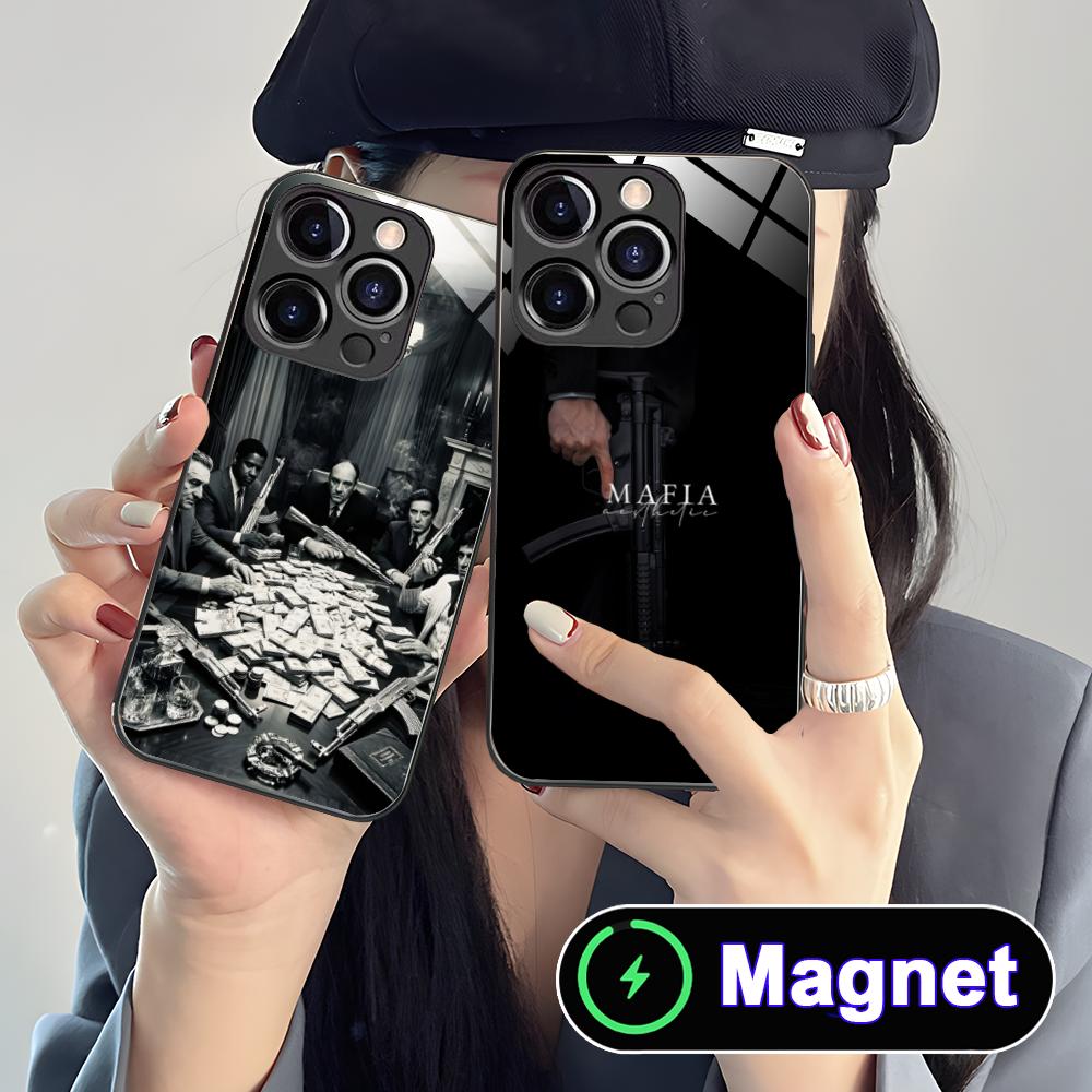 Чехол для iPhone 17 16 15 14 13 12 11 Air Pro Max Plus Mini со стеклянной крышкой MagSafe в стиле Итальянской мафии