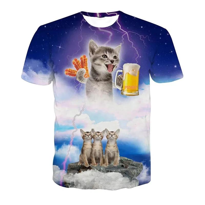 Летняя футболка с забавными котами с 3D принтом, мужская футболка с рисунком Galaxy Cat, с коротким рукавом, индивидуальные повседневные уличные футболки с круглым вырезом, одежда