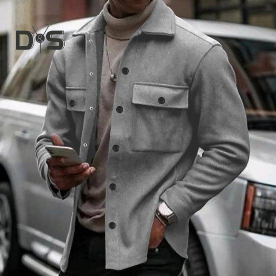 Men Jacket Lapel Single-breasted Top Solid Color Slim Thickened Warm Coat Casual Autumn Winter Outwear for Daily Wear